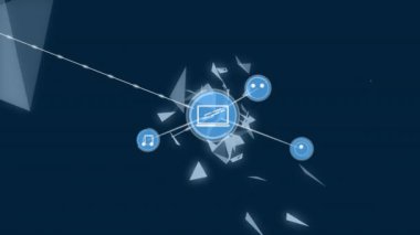 Mavi arkaplanda yüzen pleksus ağları üzerinden dijital simge ağının animasyonu. Küresel ağ ve iş teknolojisi kavramı