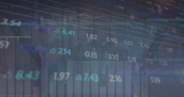 Ofis penceresinden şehir manzarası üzerinden istatistiksel ve borsa veri işleme animasyonu. Küresel ekonomi ve iş veri teknolojisi kavramı