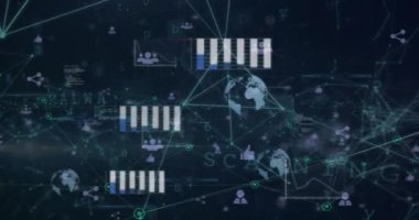 Bağlantılar ağının animasyonu ve mavi arka planda siber güvenlik veri işlemesi. Siber güvenlik ve iş ağı teknolojisi kavramı