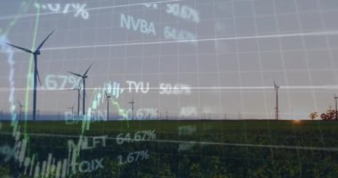 Çayırlarda dönen yel değirmenlerine karşı finansal ve borsa veri işleme animasyonu. Küresel ekonomi ve yenilenebilir enerji teknolojisi kavramı