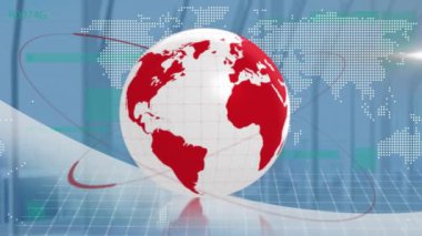 Dönen küre üzerinde ışık izlerinin animasyonu mavi arkaplanda ışık noktası ve dünya haritasına karşı. Küresel ağ ve iş teknolojisi kavramı