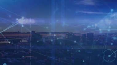 Animation of network of connections and glowing light trail against aerial view of cityscape. Global networking and business technology concept