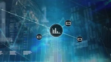 Dijital simge ağının animasyonu ve veri işleme ve ikili kodlama arayüzü. Küresel ağ ve iş arayüzü teknolojisi kavramı