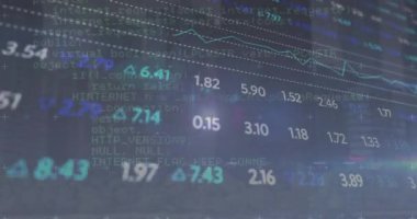 Borsa veri işleme animasyonunun mavi arka plandaki ışık noktasının üzerinde gerçekleşmesi. Küresel ekonomi ve iş teknolojisi kavramı