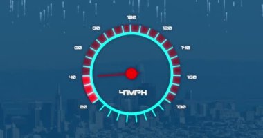 Şehir manzarasının hava görüntüsüne karşı hız göstergesi ve ikili kodlama animasyonu. Küresel ağ ve iş teknolojisi kavramı