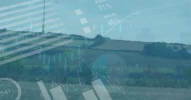 Çayır üzerinde dönen yel değirmenlerine karşı istatistiksel veri işleme animasyonu. Küresel ağ ve yenilenebilir enerji teknolojisi kavramı