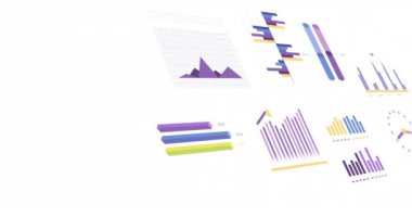 Beyaz arka planda istatistik, grafik ve finansal veri işleme animasyonları. Küresel iş, finans, hesaplama ve veri işleme kavramı dijital olarak oluşturulmuş video.