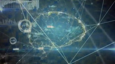 Dönen beyin ikonu üzerindeki bağlantı ve veri işleme ağının animasyonu. Küresel ağ ve tıbbi araştırma teknolojisi kavramı