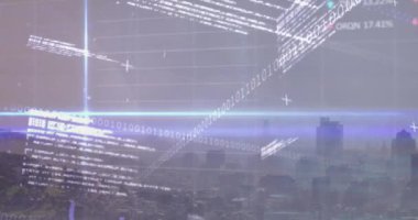 Borsa veri işleme çalışmalarının animasyonu ve şehir manzarasının havadan görüntüsüne karşı mavi ışık yolları. Küresel ekonomi ve iş veri teknolojisi kavramı