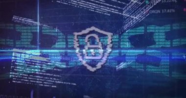 Borsa veri işleme ve ikili kodlamaya karşı güvenlik zinciri ve asma kilit simgesinin animasyonu. Küresel ekonomi ve siber güvenlik teknolojisi kavramı