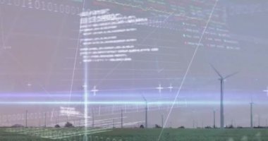 Borsa veri işleme animasyonu ve çayır üzerinde dönen yel değirmenleri üzerinde mavi ışık yolu. Küresel ekonomi ve yenilenebilir enerji teknolojisi kavramı