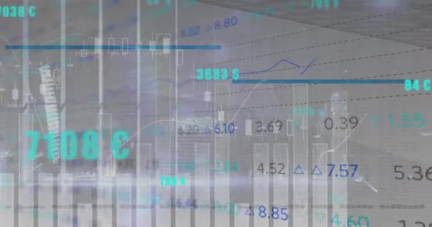 Animation Der Statistik Und Börsendatenverarbeitung Vor Grauem Hintergrund Globale Wirtschaft — Stockvideo