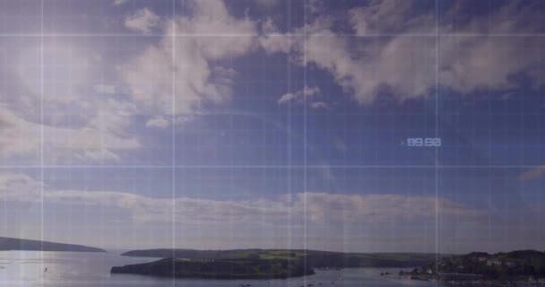Animatie Van Gegevensverwerking Rasternetwerk Tegen Wolken Blauwe Lucht Concept Computerinterface — Stockvideo