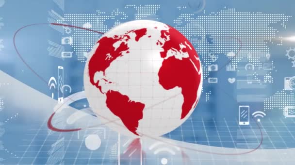 Animáció Képernyők Adatfeldolgozással Spinning Globe Világtérkép Kék Háttér Globális Hálózatépítés — Stock videók