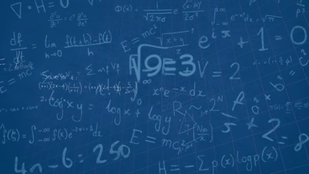 Animazione Equazioni Matematiche Che Galleggiano Sulla Rete Griglia Sfondo Blu — Video Stock