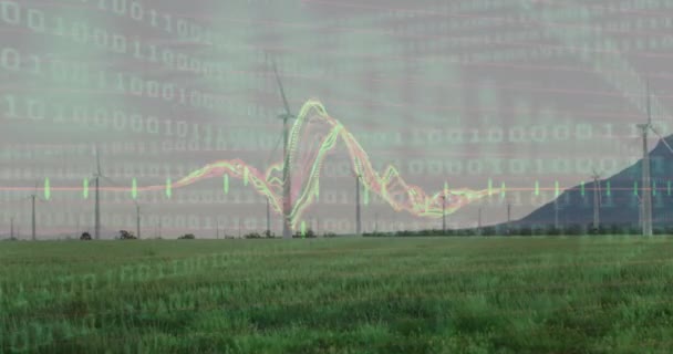 草原上的二进制编码动画和抗旋转风车的动画 计算机接口和可再生能源技术概念 — 图库视频影像