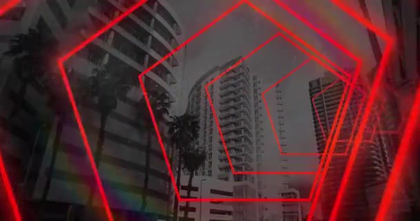 Animação Processamento Dados Paisagem Urbana Padrão Néon Vermelho Conceito Redes — Vídeo de Stock