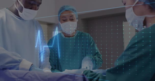 患者で動作する多様な男性と女性の外科医に対するバイタルサイン測定のアニメーション ヘルスケアサービスの概念デジタル生成ビデオ — ストック動画