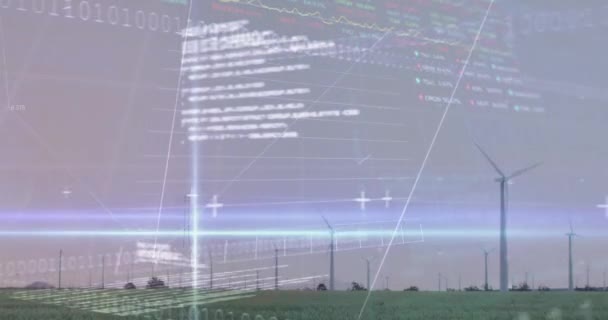Animatie Van Beursgegevensverwerking Blauw Lichtspoor Draaiende Windmolens Grasland Mondiale Economie — Stockvideo