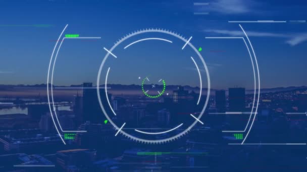 Animação Círculos Técnica Falha Sobre Vista Aérea Cidade Contra Céu — Vídeo de Stock