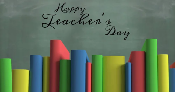 Image of happy teachers day text over books and board. school, education and study concept digitally generated image.
