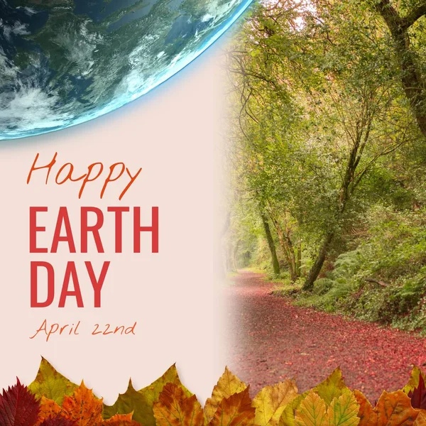 Composite Globe Happy Earth Day April 22Nd Text Footpath Trees — Fotografia de Stock