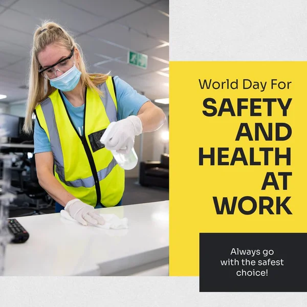 Composition of world day for safety and health at work text with woman disinfecting desk. World day for safety and health at work concept digitally generated image.