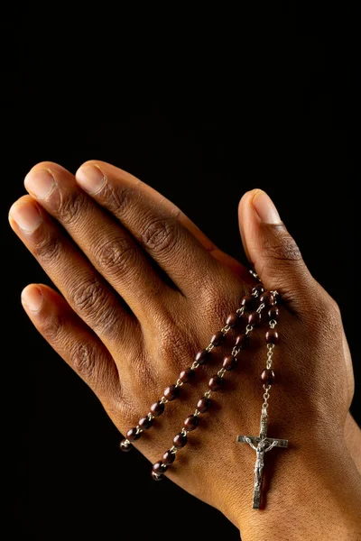 Image Close Hands African American Woman Praying Rosary Easter Religion — Stock Photo, Image
