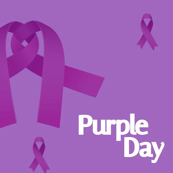 Image of purple day text over epilepsy purple ribbons. Purple day and celebration concept digitally generated image.