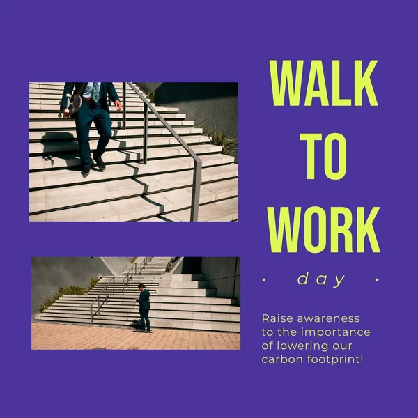Composition of walk to work day text and businessman walking. Walk to work day and active lifestyle concept digitally generated image.