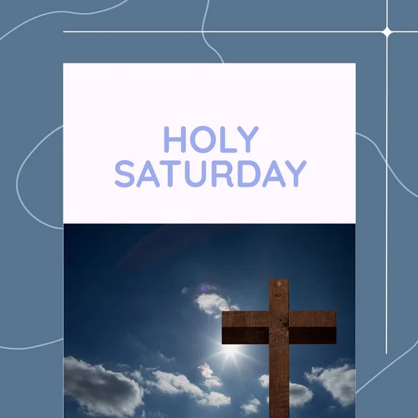 Mavi Gökyüzüne Karşı Ahşap Haç Kutsal Cumartesi Yazıları Mavi Arka — Stok fotoğraf