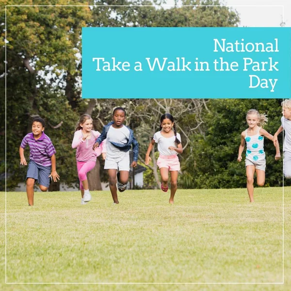 National take a walk in the park day text over happy diverse children running in park. National take a walk in the park day and celebration concept digitally generated image.