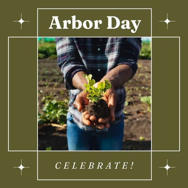 Composition of arbor day celebrate text over african american man holding plant. Arbor day and nature concept digitally generated image.