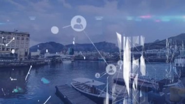 Veri işleme, şehir manzarası ve bağlantıların animasyonu. Küresel ağlar, hesaplama, dijital arayüz ve veri işleme kavramı dijital olarak oluşturuldu.