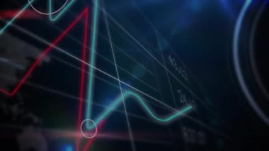 Animation of financial data processing over clock. Global business, finances, computing and data processing concept digitally generated video.