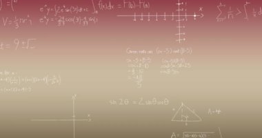 Pembe gradyan zeminde yüzen matematiksel denklemlerin ve diyagramların animasyonu. Okul ve eğitim kavramı