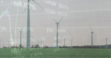 Çayırlarda dönen yel değirmenlerine karşı finansal ve borsa veri işleme animasyonu. Küresel ekonomi ve yenilenebilir enerji teknolojisi kavramı