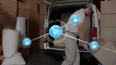 Kafkas erkek teslimatçı kutuları karavanda istifleyen dijital ikon ağının animasyonu. Küresel ağ ve iş lojistik teknolojisi kavramı