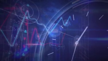 Mavi zemin üzerinde tıklayan saat üzerinden dijital simge ve veri işleme ağının animasyonu. Küresel ağ ve iş arayüzü teknolojisi kavramı