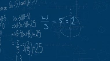 Mavi zemin üzerinde yüzen matematiksel denklemlerin ve diyagramların animasyonu. Okul ve eğitim teknolojisi kavramı
