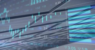 Animation of stock market data processing against tall building. Global economy and business technology concept