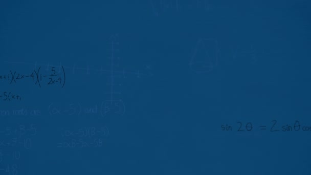 青い背景に浮かぶ数学方程式や図のアニメーション 教育技術の概念 — ストック動画