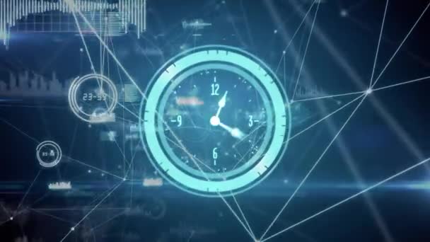 Animación Del Reloj Neón Procesamiento Datos Red Conexiones Fondo Azul — Vídeos de Stock