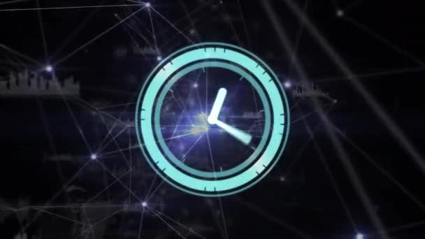 Animatie Van Neon Tikkende Klok Gloeiend Netwerk Van Verbindingen Zwarte — Stockvideo