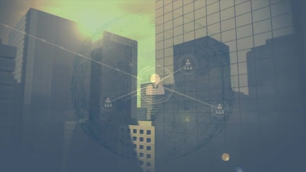 세계의 프로파일 아이콘들의 네트워크 애니메이션 빌딩에 대항하고 있습니다 글로벌 비즈니스 — 비디오