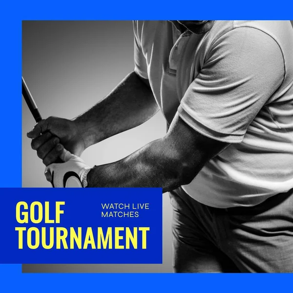 Image of golf tournament text over caucasian male golf player and white background. Golf tournament and sport concept digitally generated image.