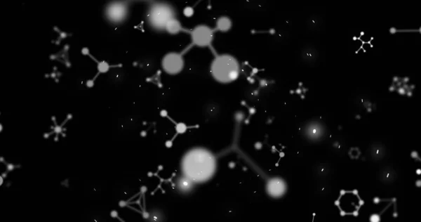 Skład Białych Molekuł Unoszących Się Czarnym Tle Globalna Koncepcja Nauki — Zdjęcie stockowe