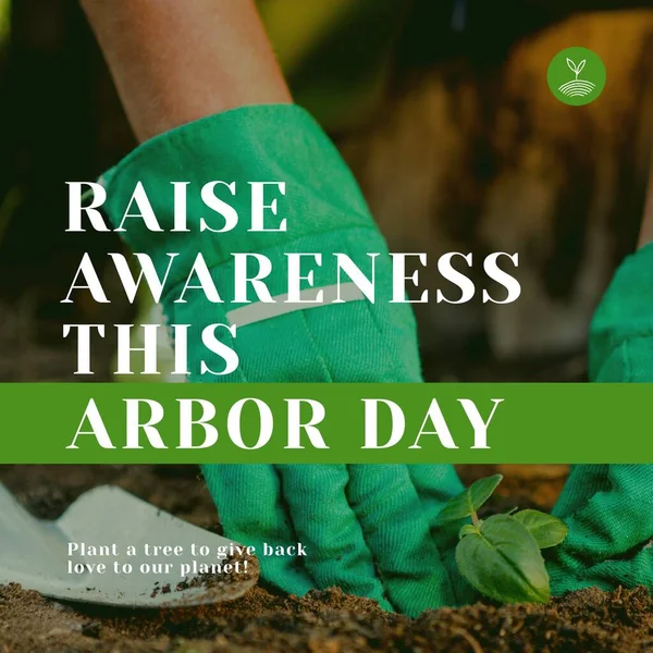Composition of raise awareness this arbor day text over hands gardening. Arbor day and nature concept digitally generated image.