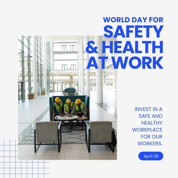 Composition of world day for safety and health at work text with workers wearing helmets. World day for safety and health at work concept digitally generated image.
