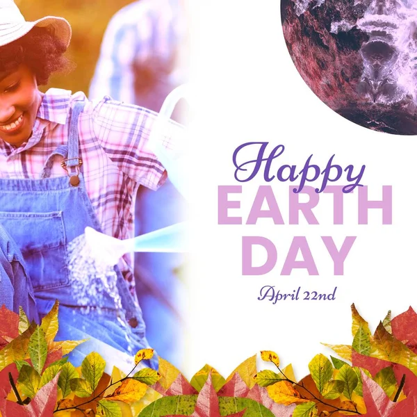 Image of happy earth day text over globe, leaves and happy african american couple in garden. International earth day, nature and celebration concept digitally generated image.